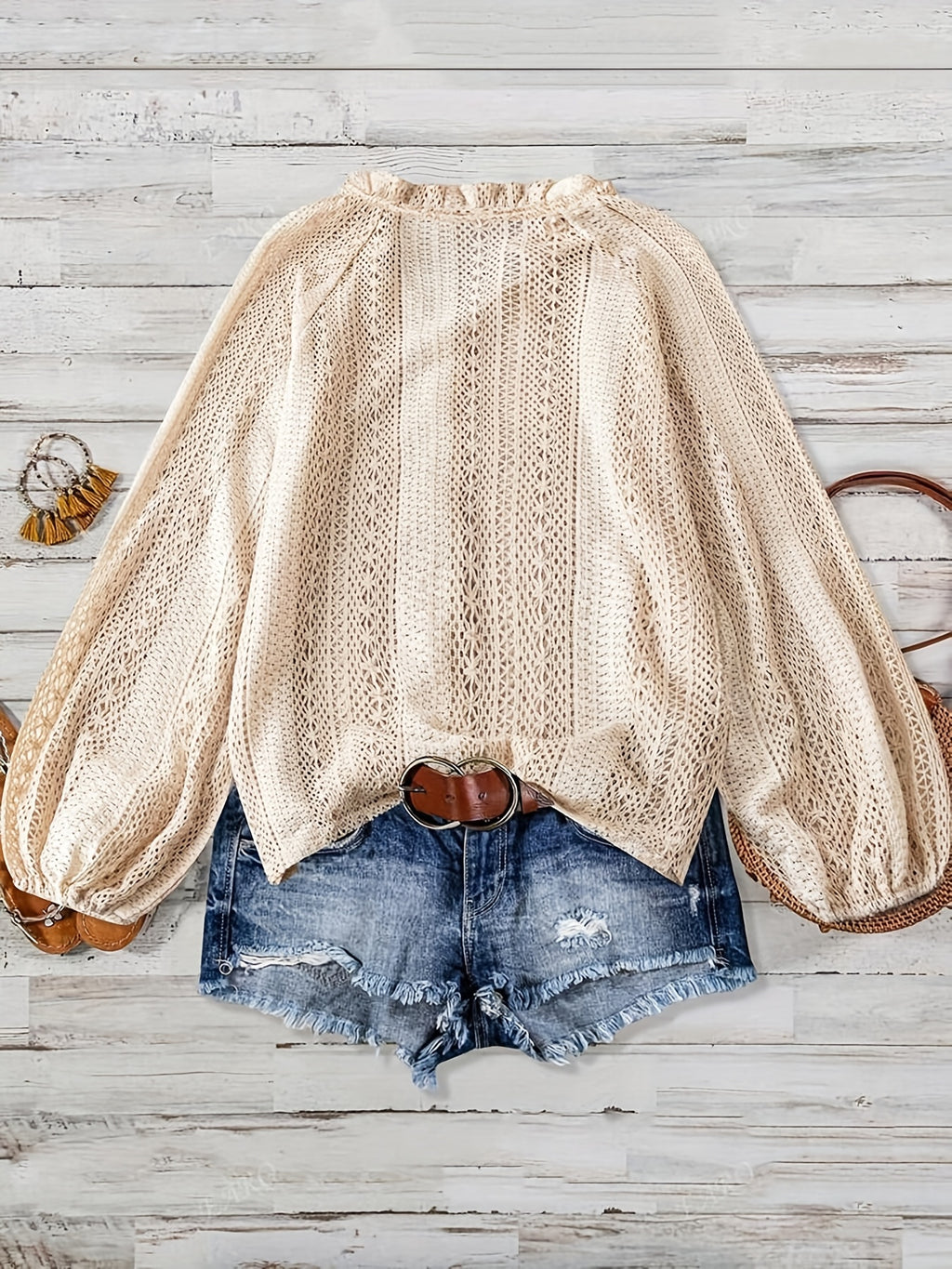 Feylira | Casual damesblouse met V-hals en kant – Lange mouwen, holle brei, knoopsluiting, semi-transparante