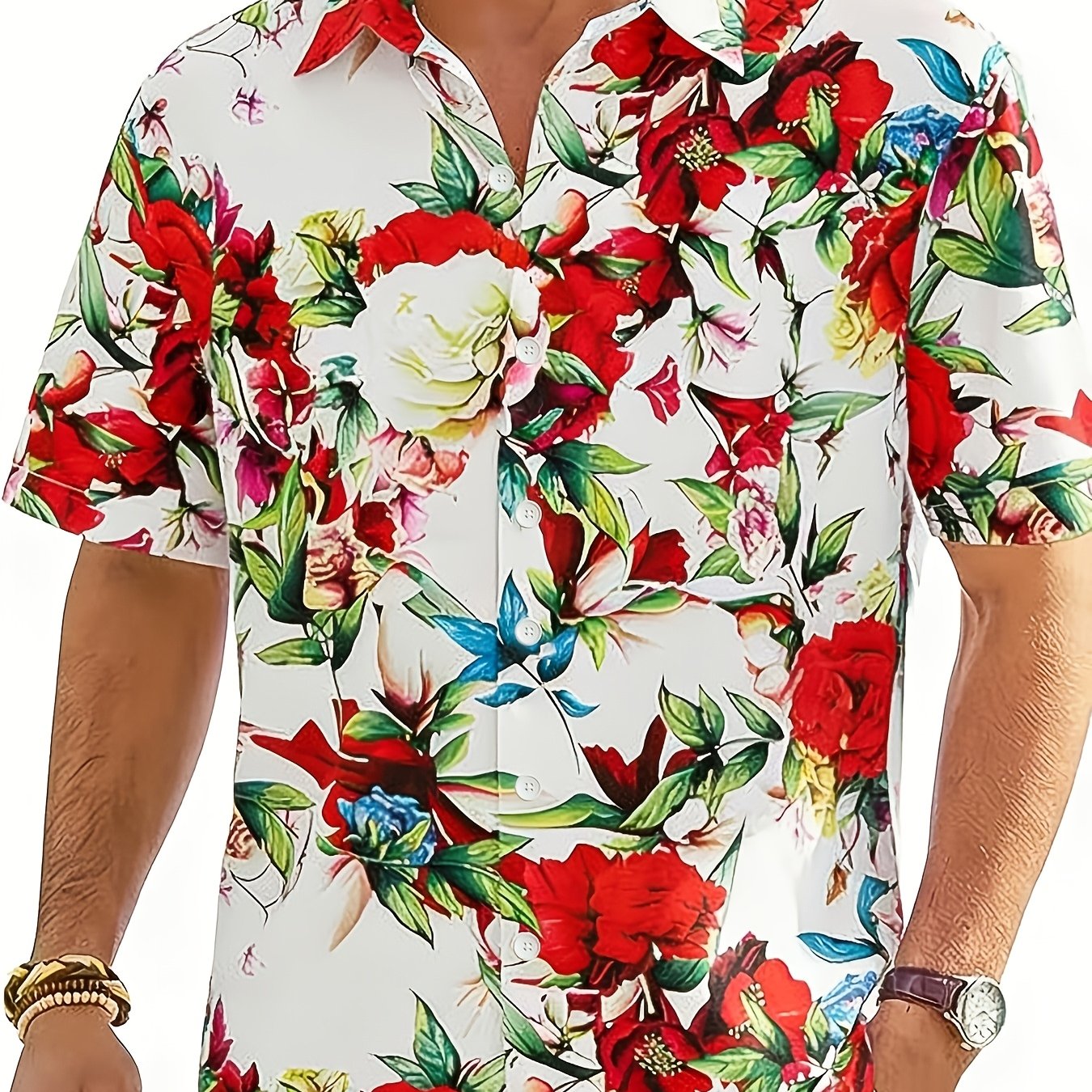 Geno | Heren bladprint overhemd – korte mouwen vakantie shirt