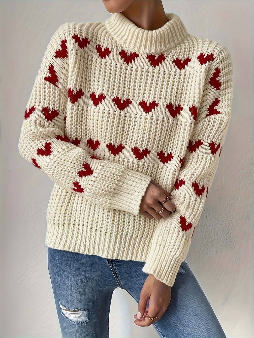 Irindra | Pull en maille à motif cœur - Col montant, manches longues, idéal pour une tenue décontractée automne-hiver 