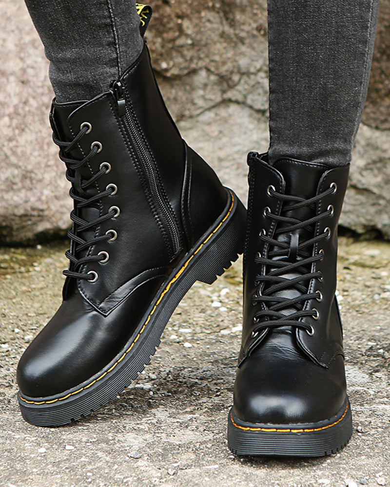 Bootiva | Damen-Ankle-Boots aus Leder mit Schnürverschluss und seitlichem Reißverschluss, dicke Sohle