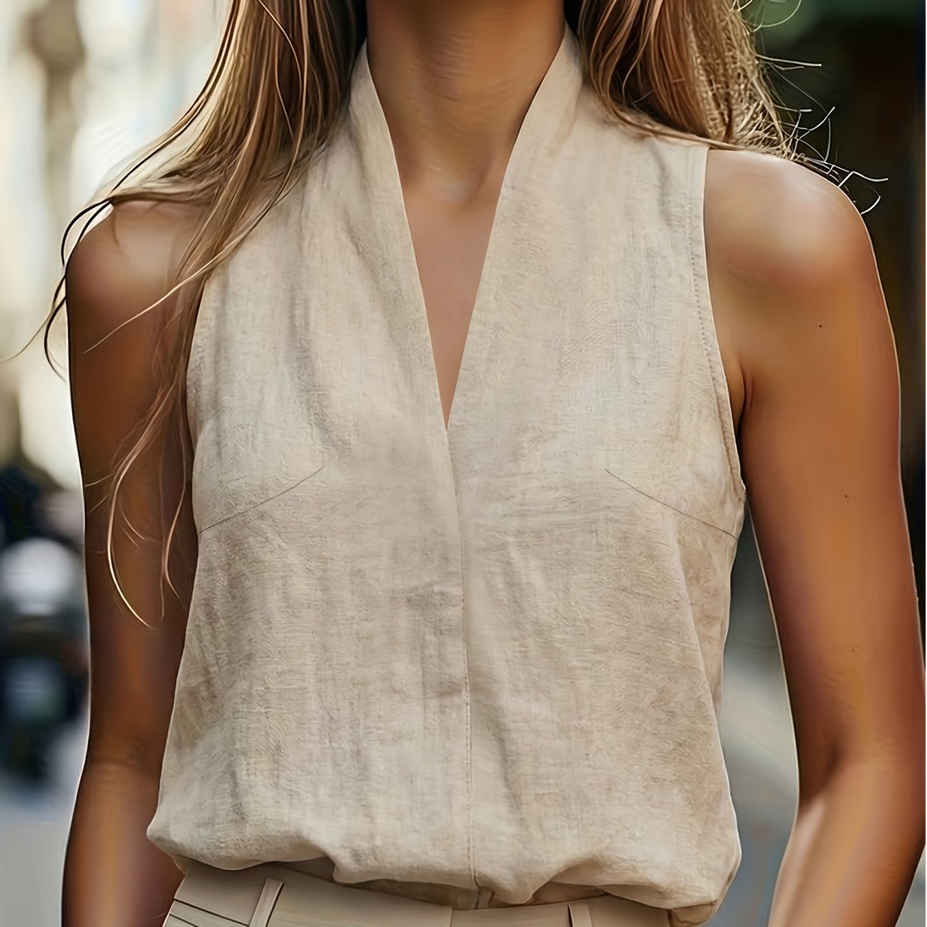Lilen | Zomerse effen haltertop met V-hals en blote schouders – Casual tanktop voor op kantoor