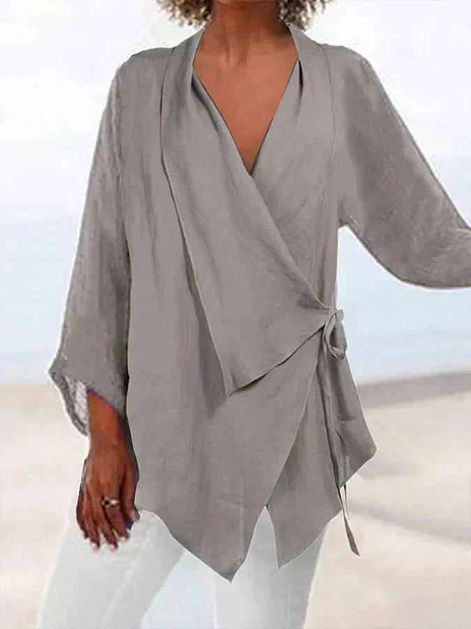 Eona | Dames blouse van katoen en linnen met veterdetail – casual ademende zomershirt