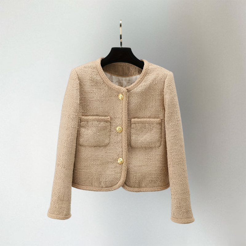 Selda | Elegante beige tweed blazer-vest voor dames – gouden knopen, korte gestructureerde pasvorm