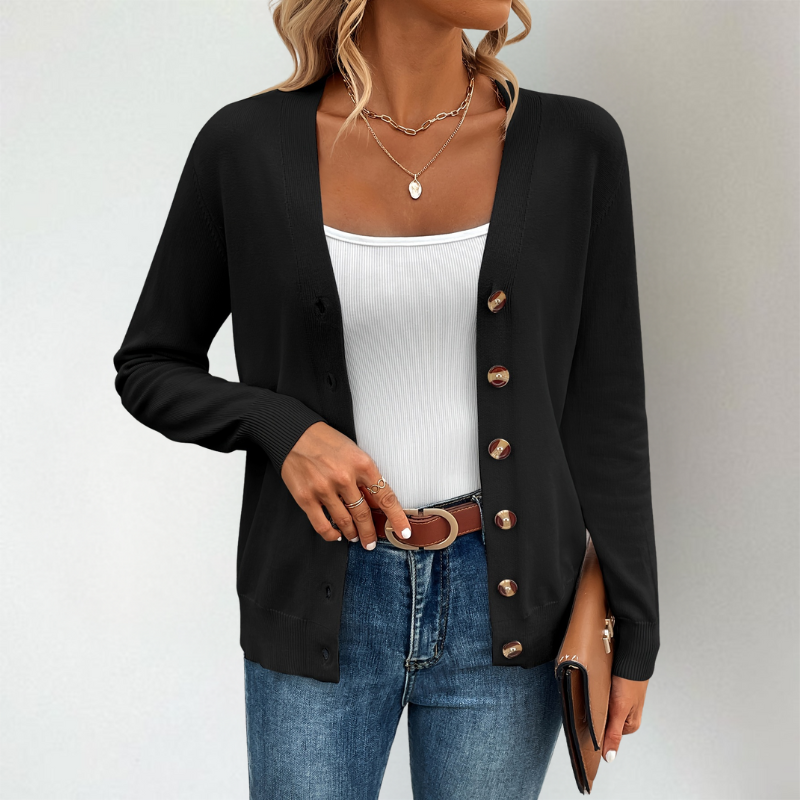 Janella | Klassiek gebreid vest met lange mouwen voor de lente – Lichtgewicht trui met knopen