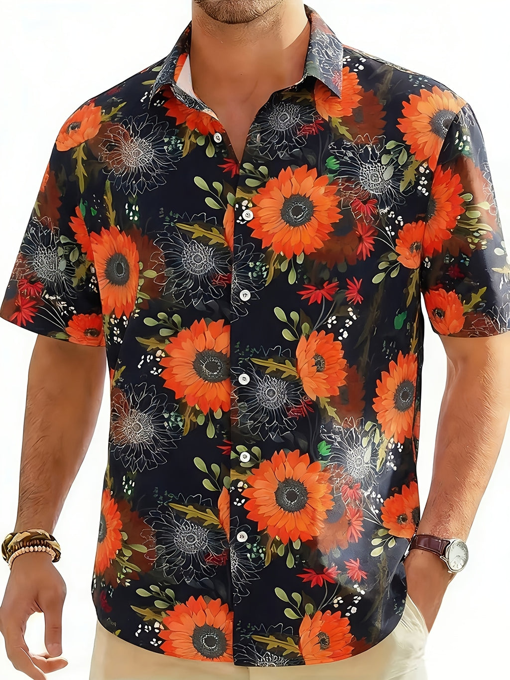 Geno | Heren bladprint overhemd – korte mouwen vakantie shirt
