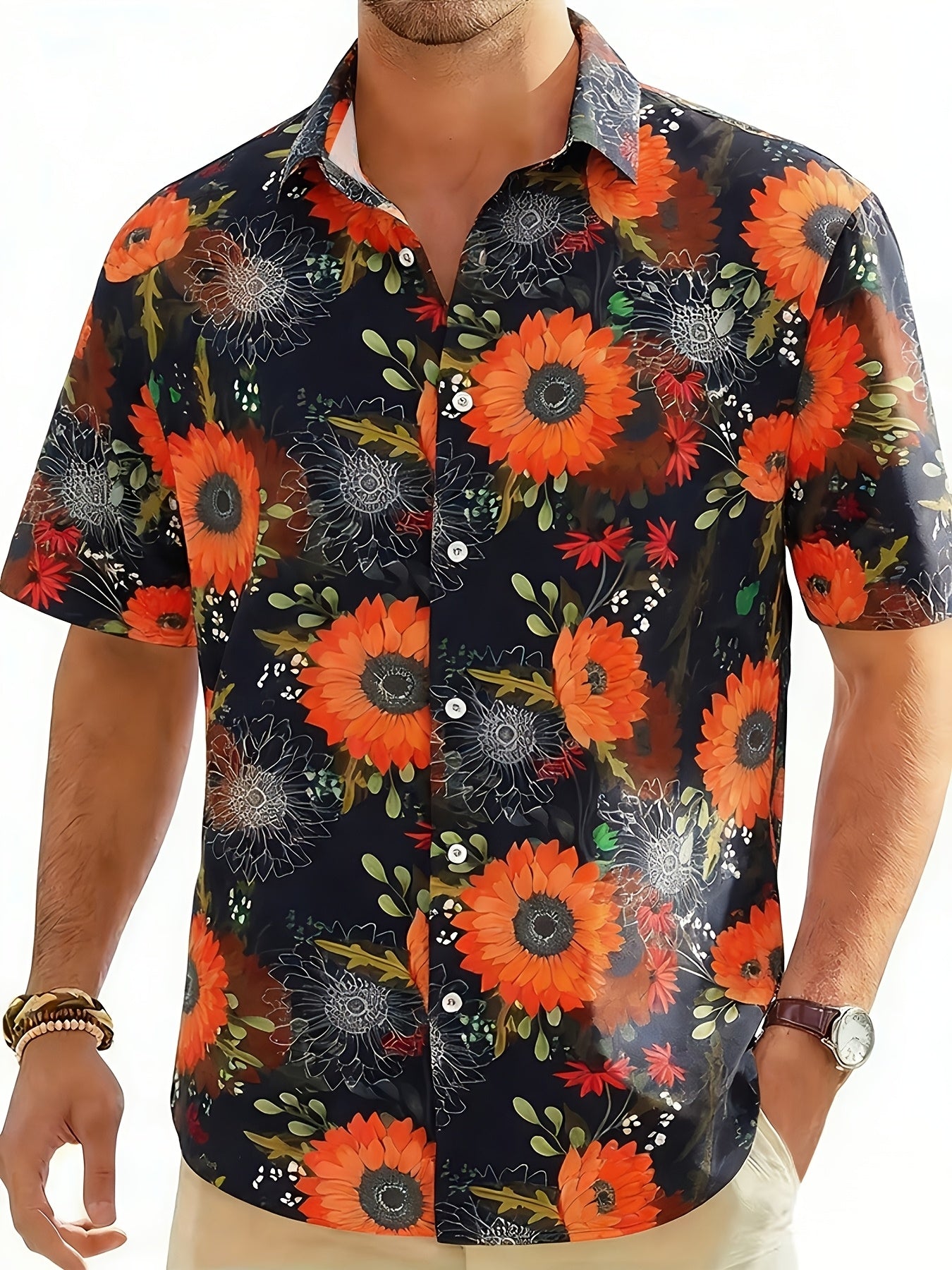 Geno | Heren bladprint overhemd – korte mouwen vakantie shirt