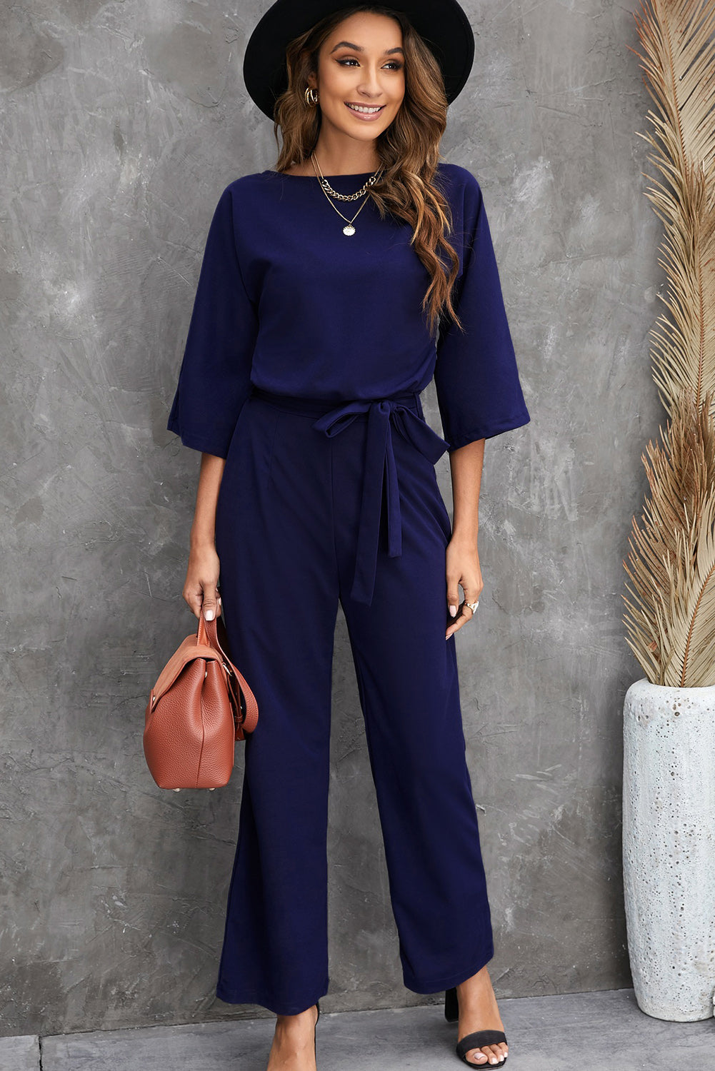 Halvoria | Dames Blauwe Elegante Jumpsuit – Met Polslange Mouwen, Tailleceintuur en Wijde Pijpen