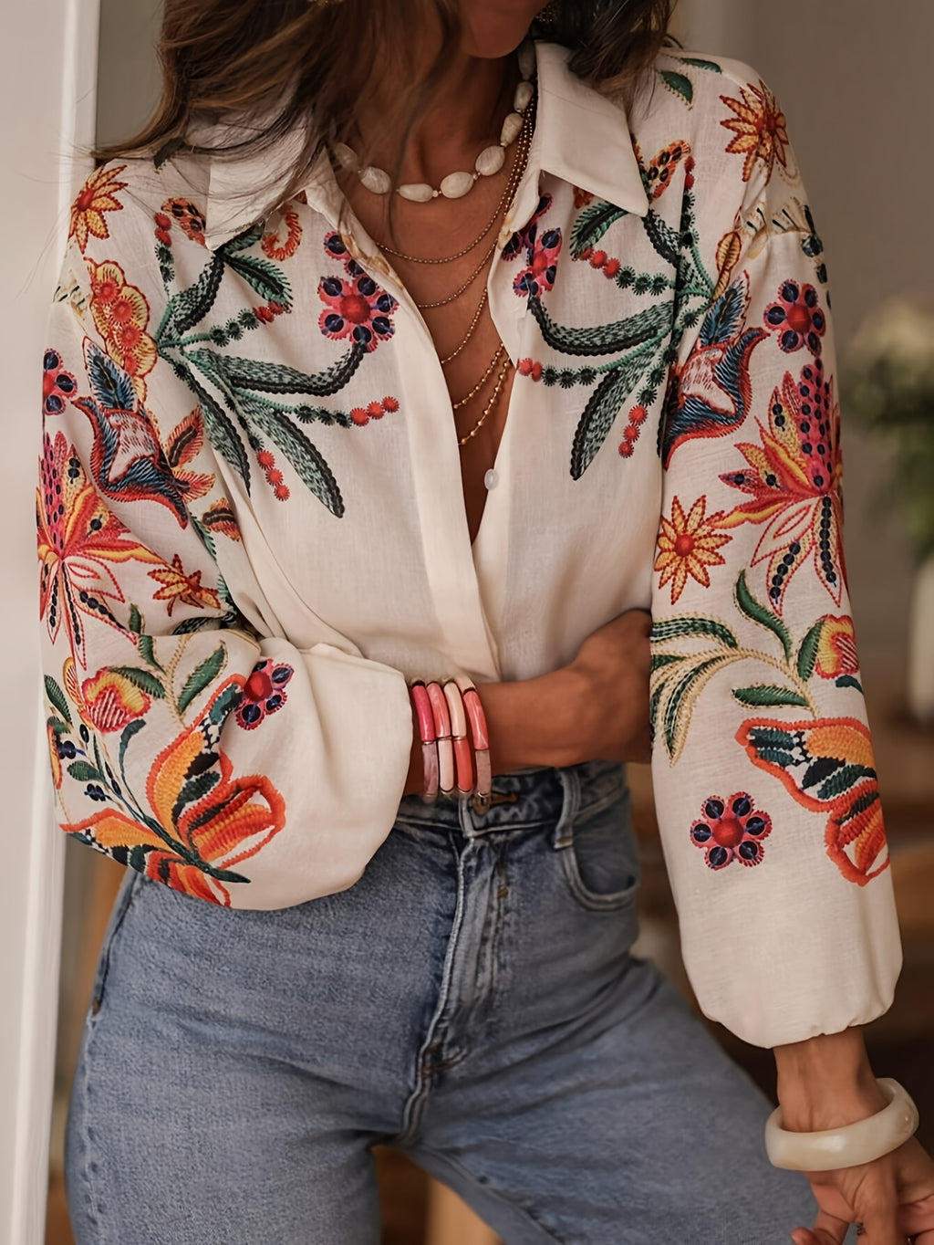 Heliara | Boho geborduurde damesblouse - Knoopoverhemd met lange mouwen en kapselkraag