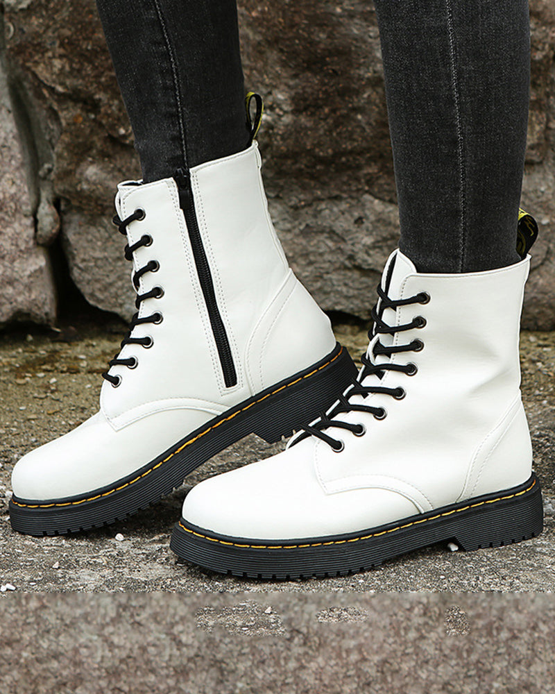Bootiva | Damen-Ankle-Boots aus Leder mit Schnürverschluss und seitlichem Reißverschluss, dicke Sohle