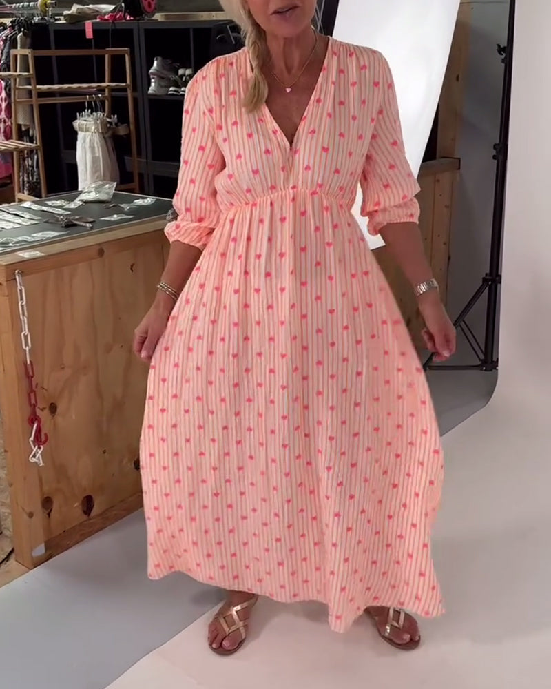 Fexina | Maxi-jurk met hartjesprint voor dames – V-hals, zwierige casual zomeroutfit