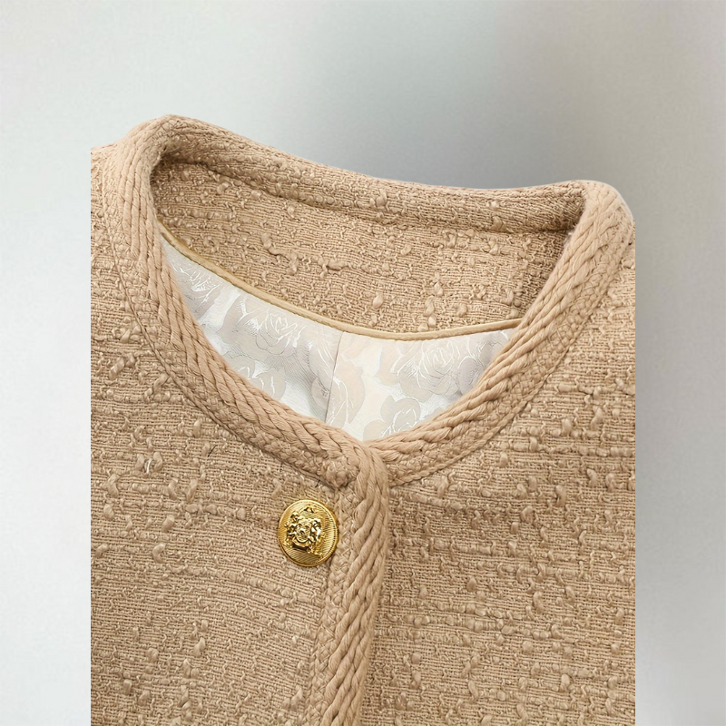 Selda | Elegante beige tweed blazer-vest voor dames – gouden knopen, korte gestructureerde pasvorm