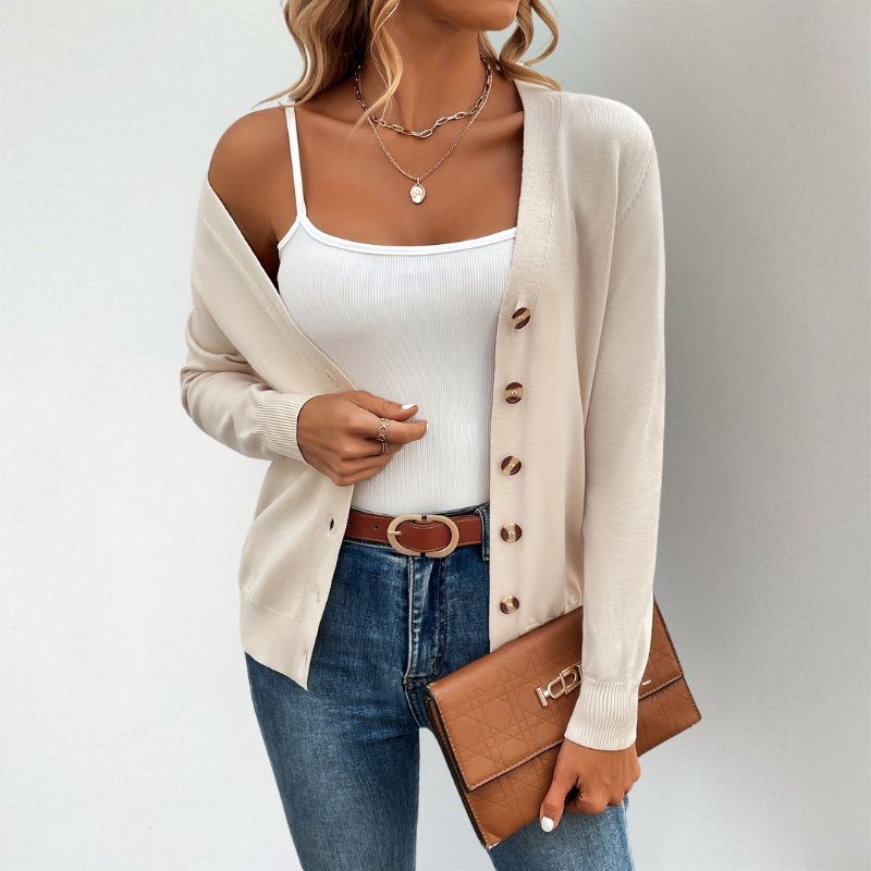Janella | Klassiek gebreid vest met lange mouwen voor de lente – Lichtgewicht trui met knopen