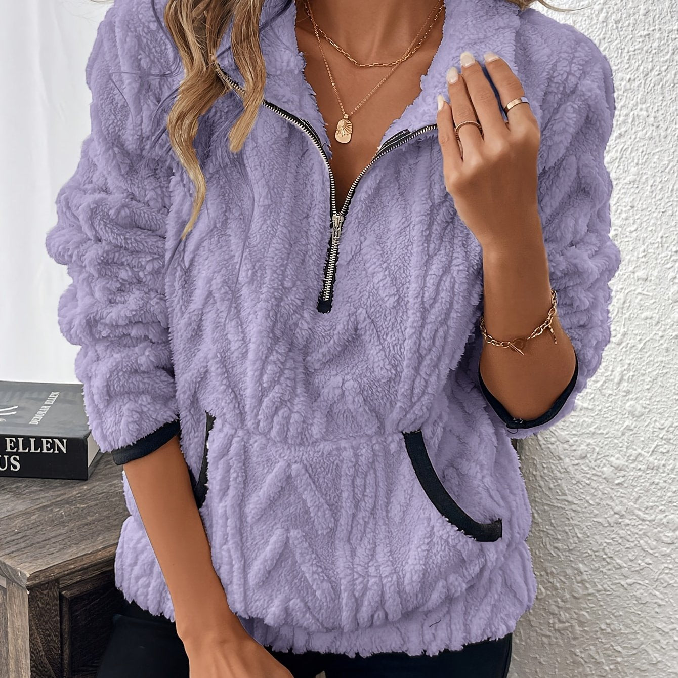 Evodia | Damen-Sweatshirt aus flauschigem Stoff, Pullover mit halbem Reißverschluss, lässiges und bequemes Langarmshirt