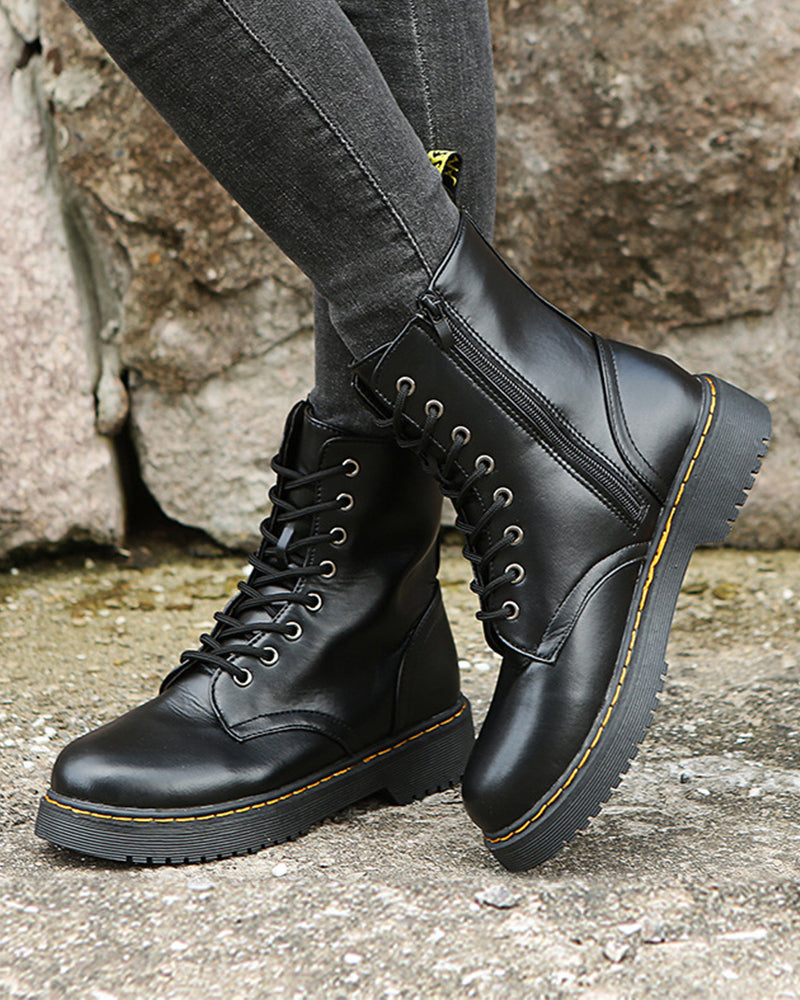 Bootiva | Damen-Ankle-Boots aus Leder mit Schnürverschluss und seitlichem Reißverschluss, dicke Sohle