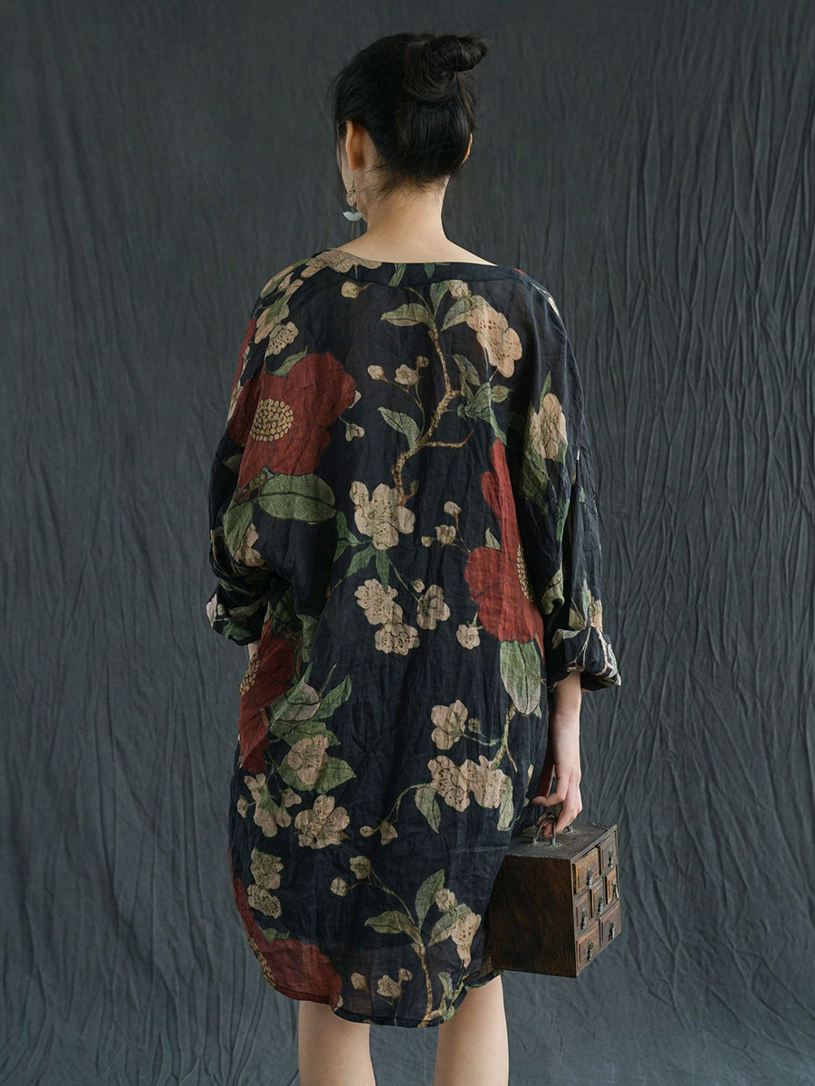 Dryelle | Vintage lenteblouse met bloemenprint in grote maten, van ramie – lichtgewicht, losse pasvorm