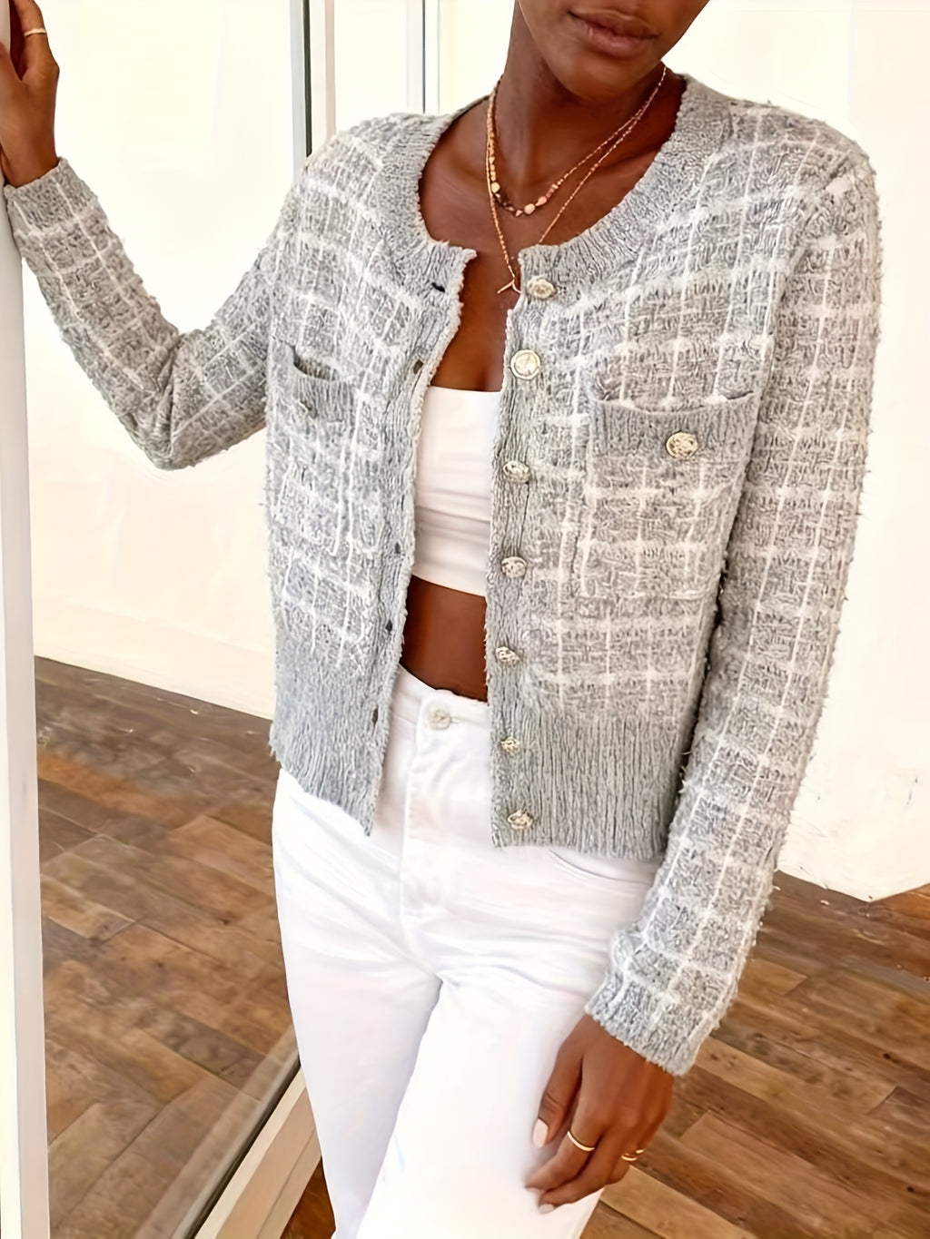 Rella | Dames Geruite Tweed Cardigan – Gebreid Vest met Knopen aan de Voorkant