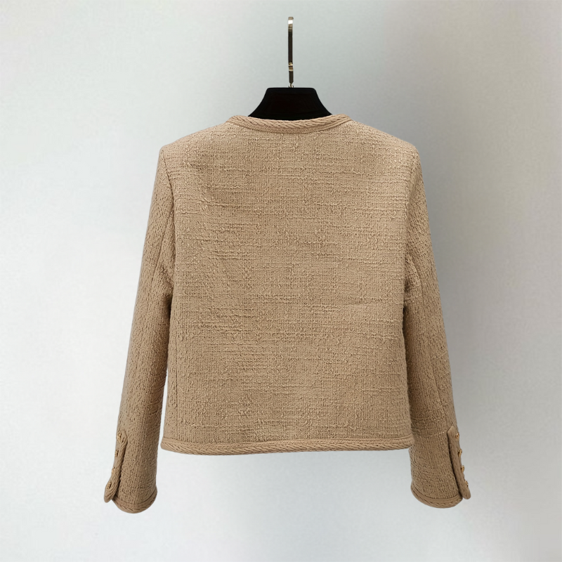 Selda | Elegante beige tweed blazer-vest voor dames – gouden knopen, korte gestructureerde pasvorm