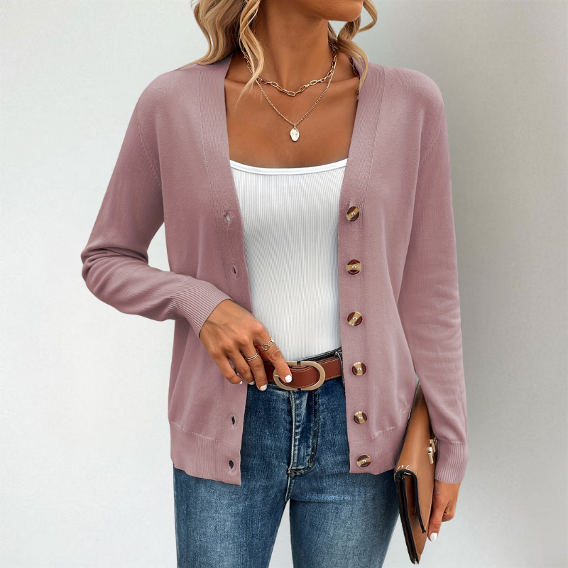 Janella | Klassiek gebreid vest met lange mouwen voor de lente – Lichtgewicht trui met knopen