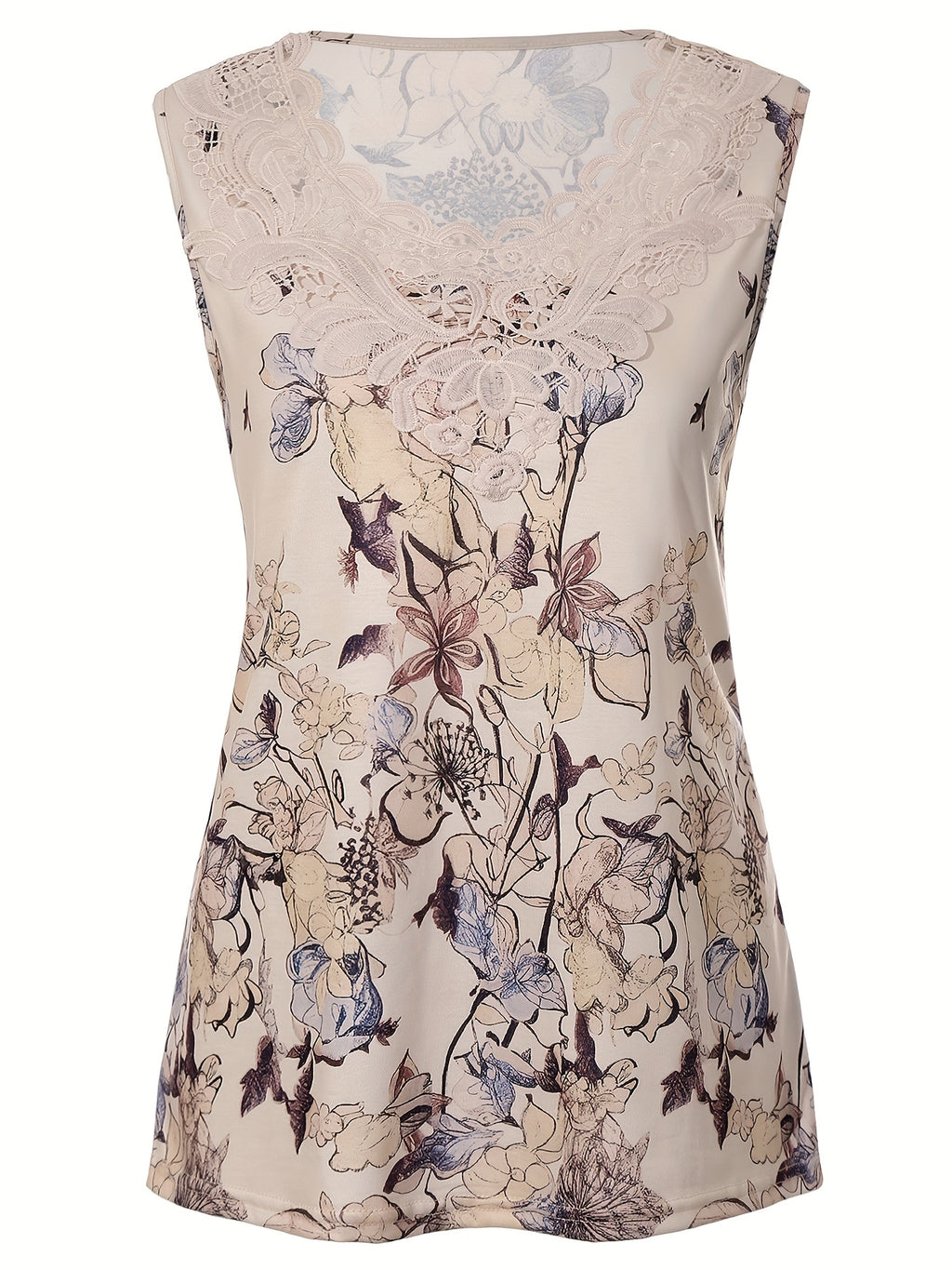 Iravina | Dames-T-shirt met bloemenprint en patchwork van kant, ronde hals, mouwloos