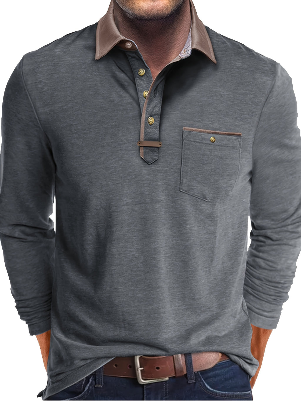 Paulo | Polo homme à manches longues – Henley décontracté avec col color-block et poche poitrine