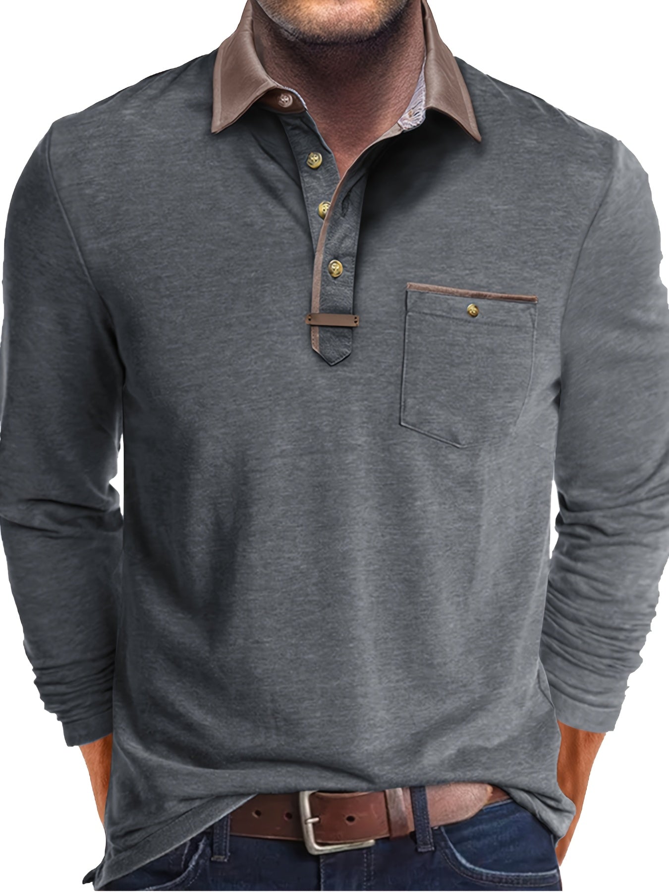 Paulo | Polo homme à manches longues – Henley décontracté avec col color-block et poche poitrine