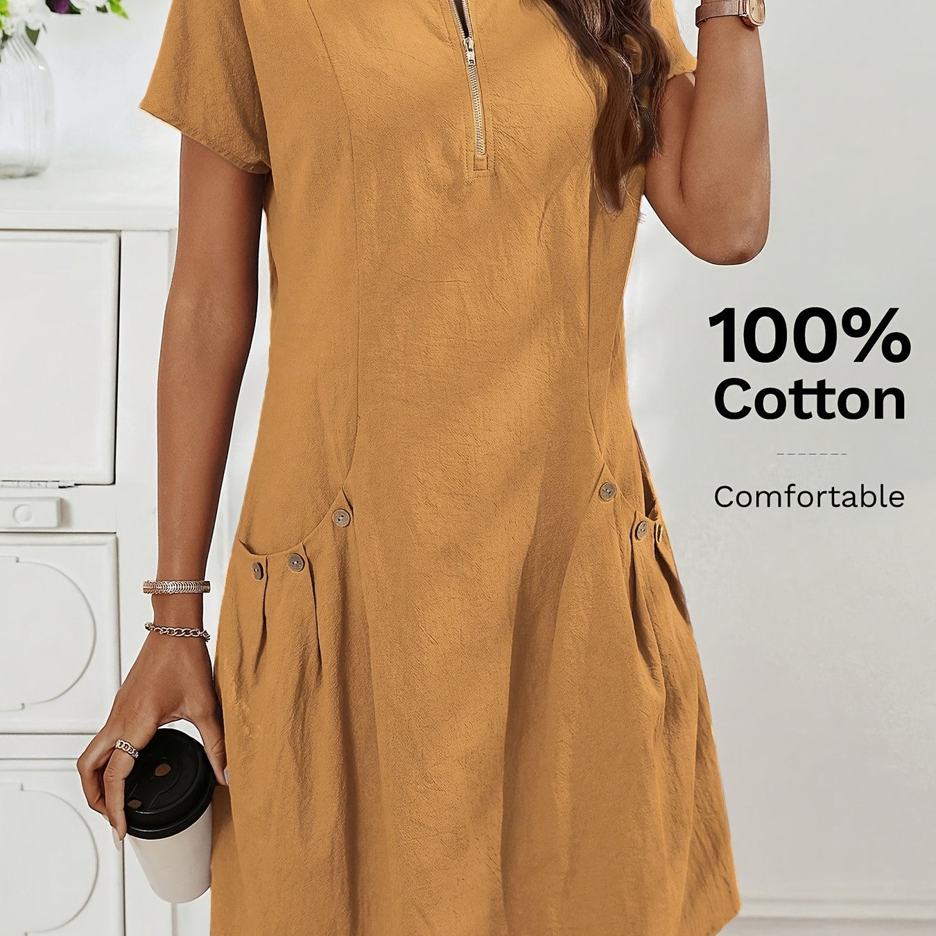 Zirelia | Zomerse casual overhemdjurk voor dames – halve rits, knoopdetails en dubbele zakken