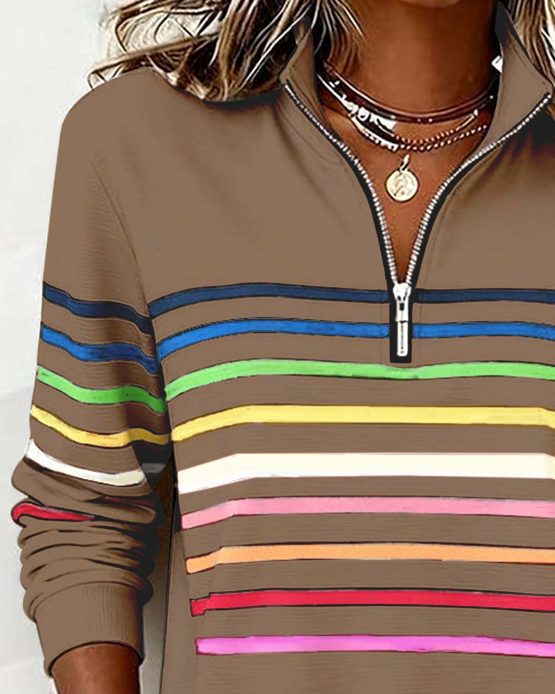 Vayen | Regenboogstreep sweatshirt met halve rits voor dames – Casual pullover, trendy kleurrijke top