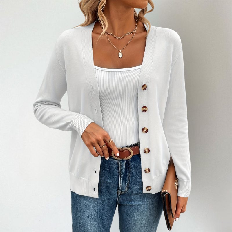 Janella | Klassiek gebreid vest met lange mouwen voor de lente – Lichtgewicht trui met knopen