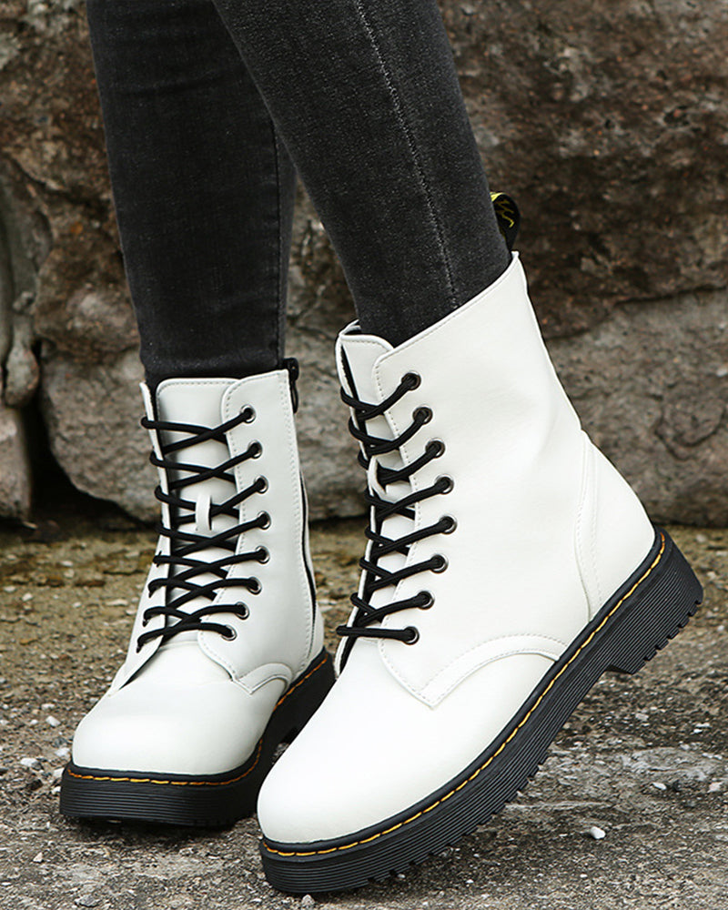 Bootiva | Damen-Ankle-Boots aus Leder mit Schnürverschluss und seitlichem Reißverschluss, dicke Sohle