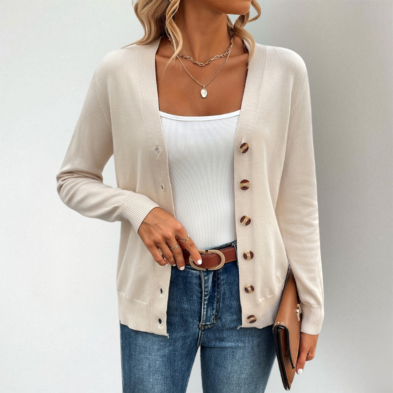 Janella | Klassiek gebreid vest met lange mouwen voor de lente – Lichtgewicht trui met knopen