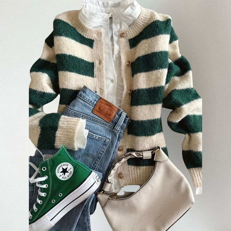 Rieke | Dames Elegante Gestreepte Cardigan – Zacht Gebreid, Lichtgewicht