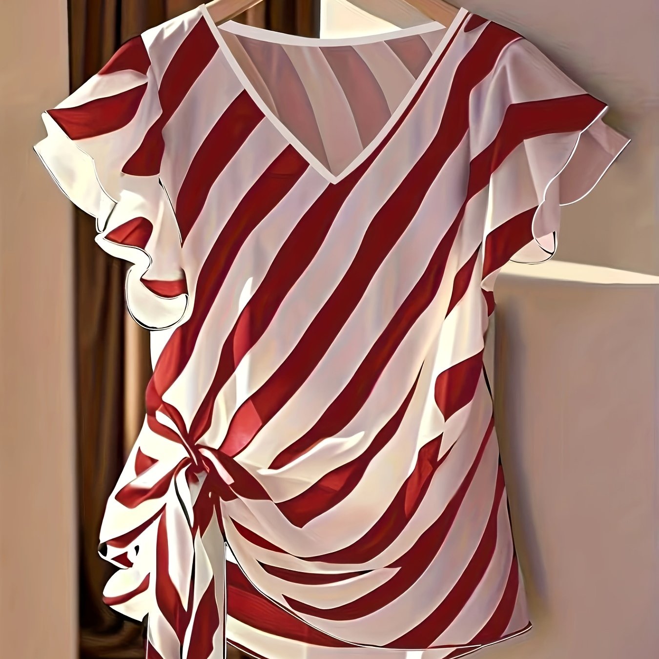 Jiya | Gestreepte zomerblouse voor dames met V-hals, strik in de taille en ruches aan de mouwen
