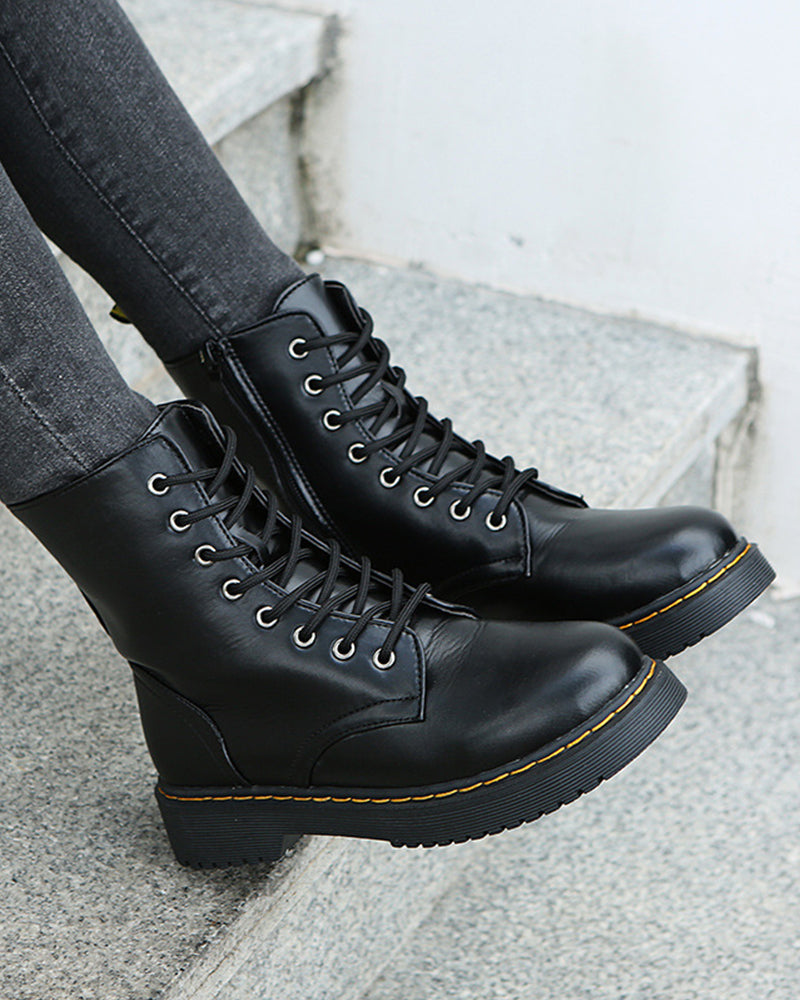 Bootiva | Damen-Ankle-Boots aus Leder mit Schnürverschluss und seitlichem Reißverschluss, dicke Sohle