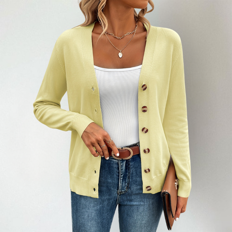 Janella | Klassiek gebreid vest met lange mouwen voor de lente – Lichtgewicht trui met knopen
