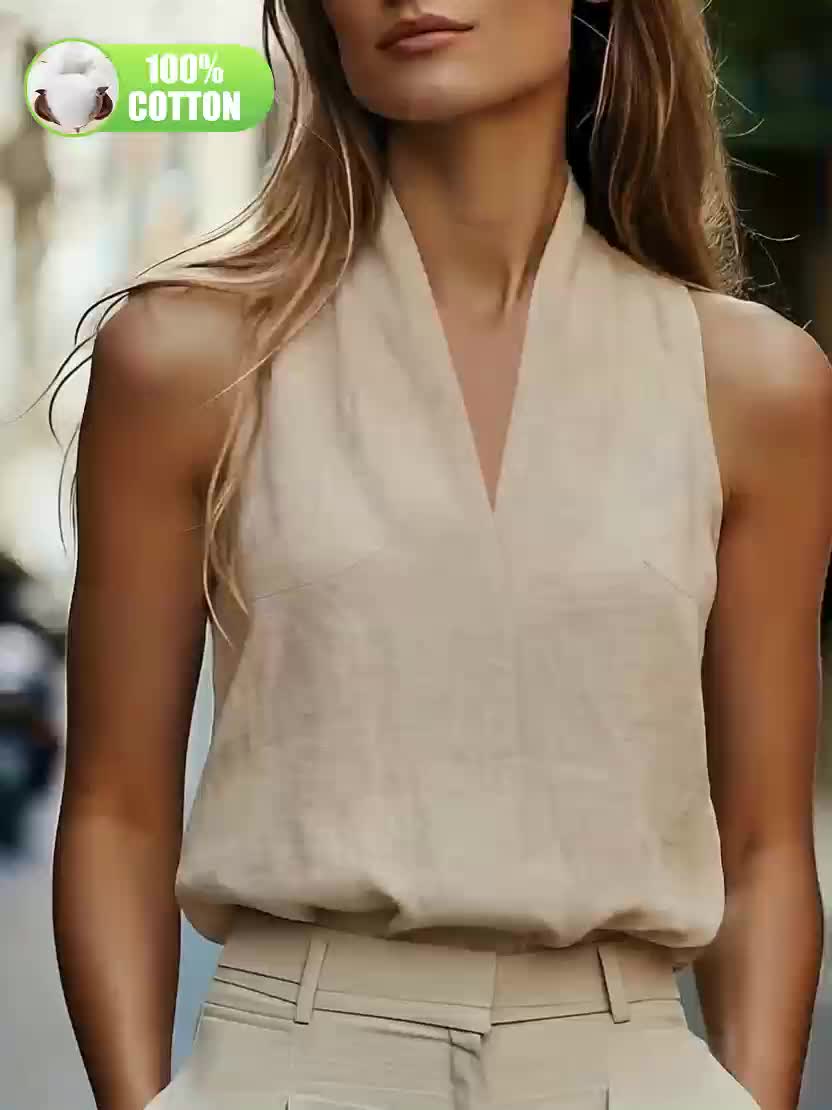 Lilen | Zomerse effen haltertop met V-hals en blote schouders – Casual tanktop voor op kantoor
