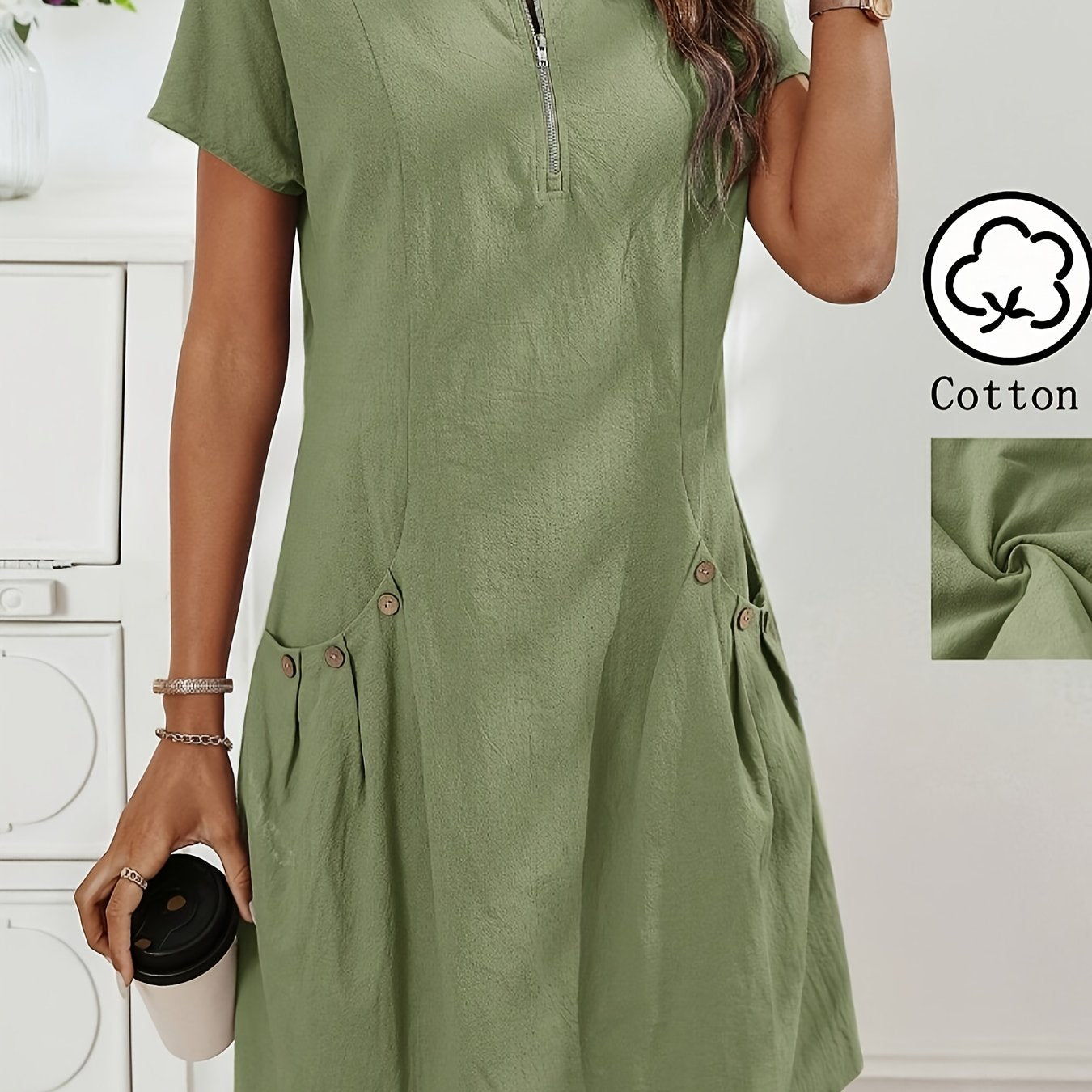 Zirelia | Zomerse casual overhemdjurk voor dames – halve rits, knoopdetails en dubbele zakken