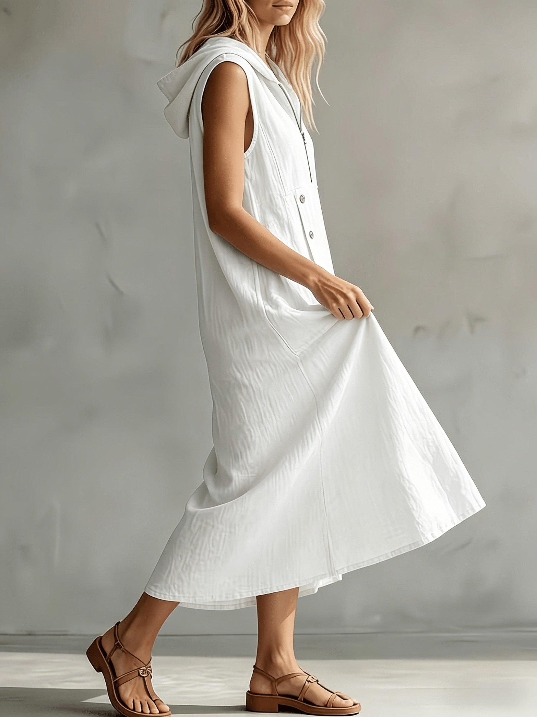 Oravyn | Zomerjurk met capuchon voor dames – Casual, ruimvallende midi-jurk met zakken