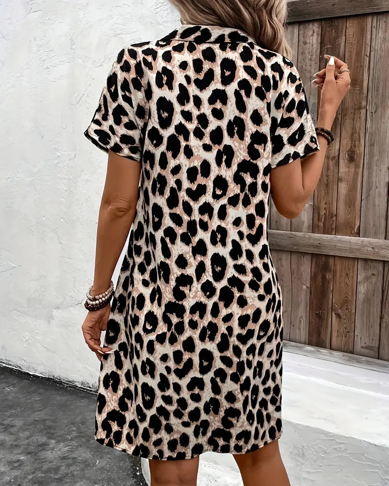 Gyselle | Midi-jurk voor dames – Elegante luipaardprint, chique getailleerde zomerjurk