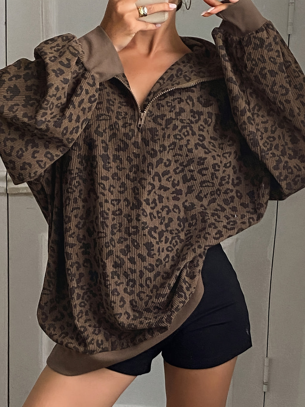 Oriella | Dames Sweatshirt met Luipaardprint en Halve Rits – Losvallende Pasvorm
