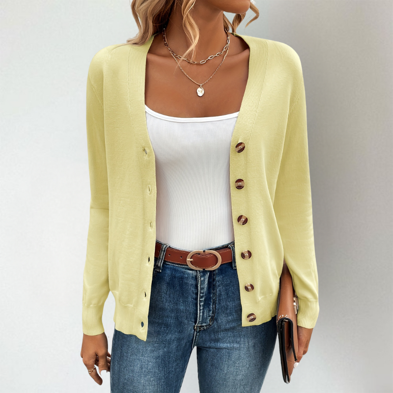 Janella | Klassiek gebreid vest met lange mouwen voor de lente – Lichtgewicht trui met knopen