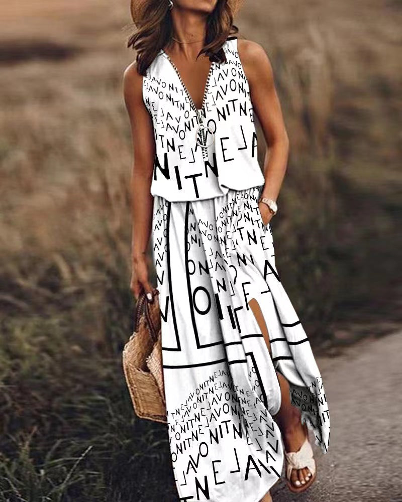 Avyelle | Dames Vloeiende Maxi-jurk – Mouwloze Casual Zomerjurk met Halve Rits