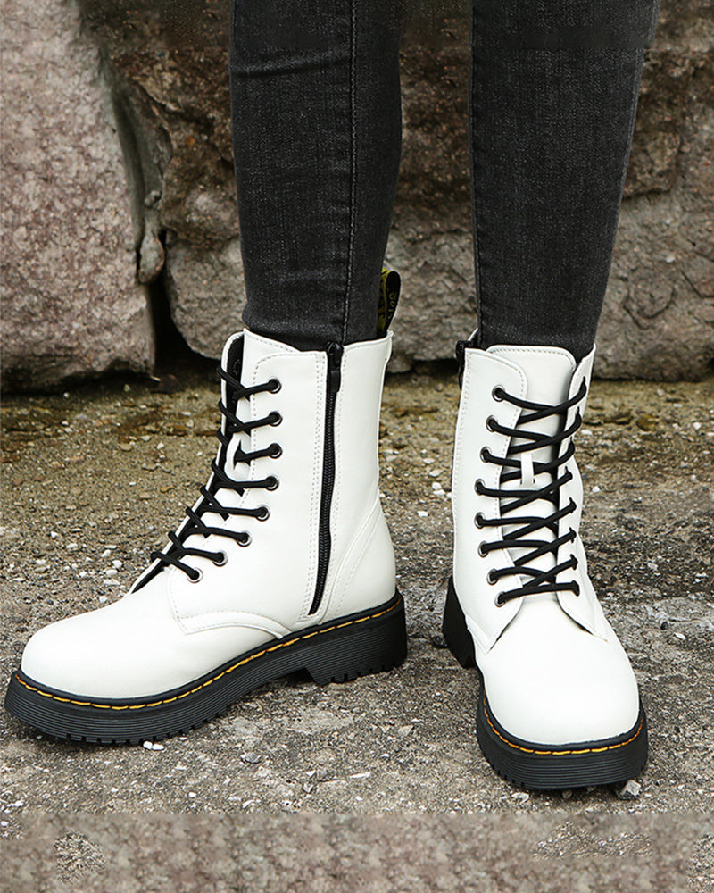Bootiva | Damen-Ankle-Boots aus Leder mit Schnürverschluss und seitlichem Reißverschluss, dicke Sohle