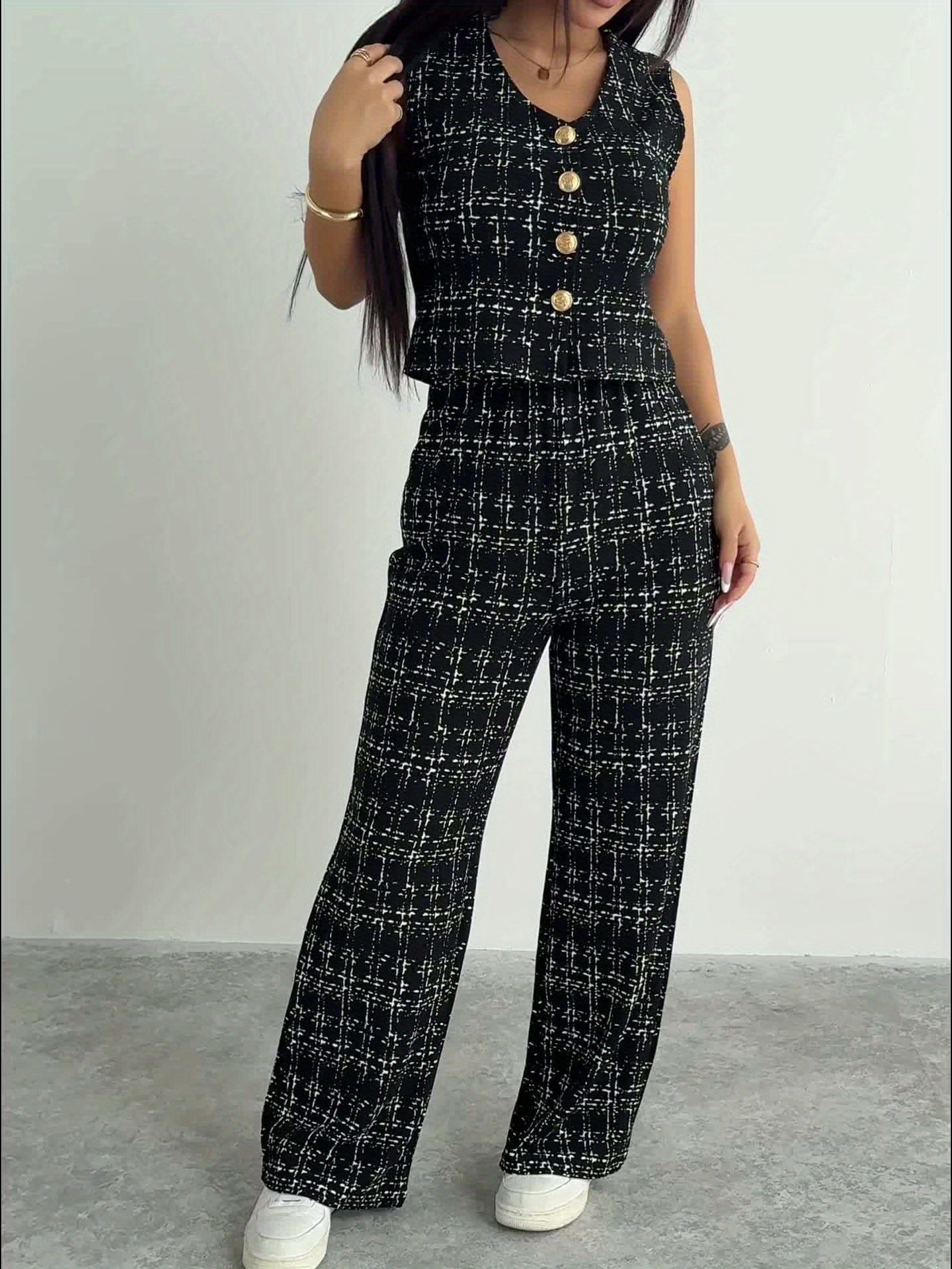 Klaudia | Elegante geruite Tweed print mouwloze top & broek set voor dames