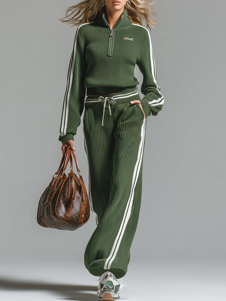 Arivara | Retro groen gebreid trainingspak – Sweater met halve rits en casual broek