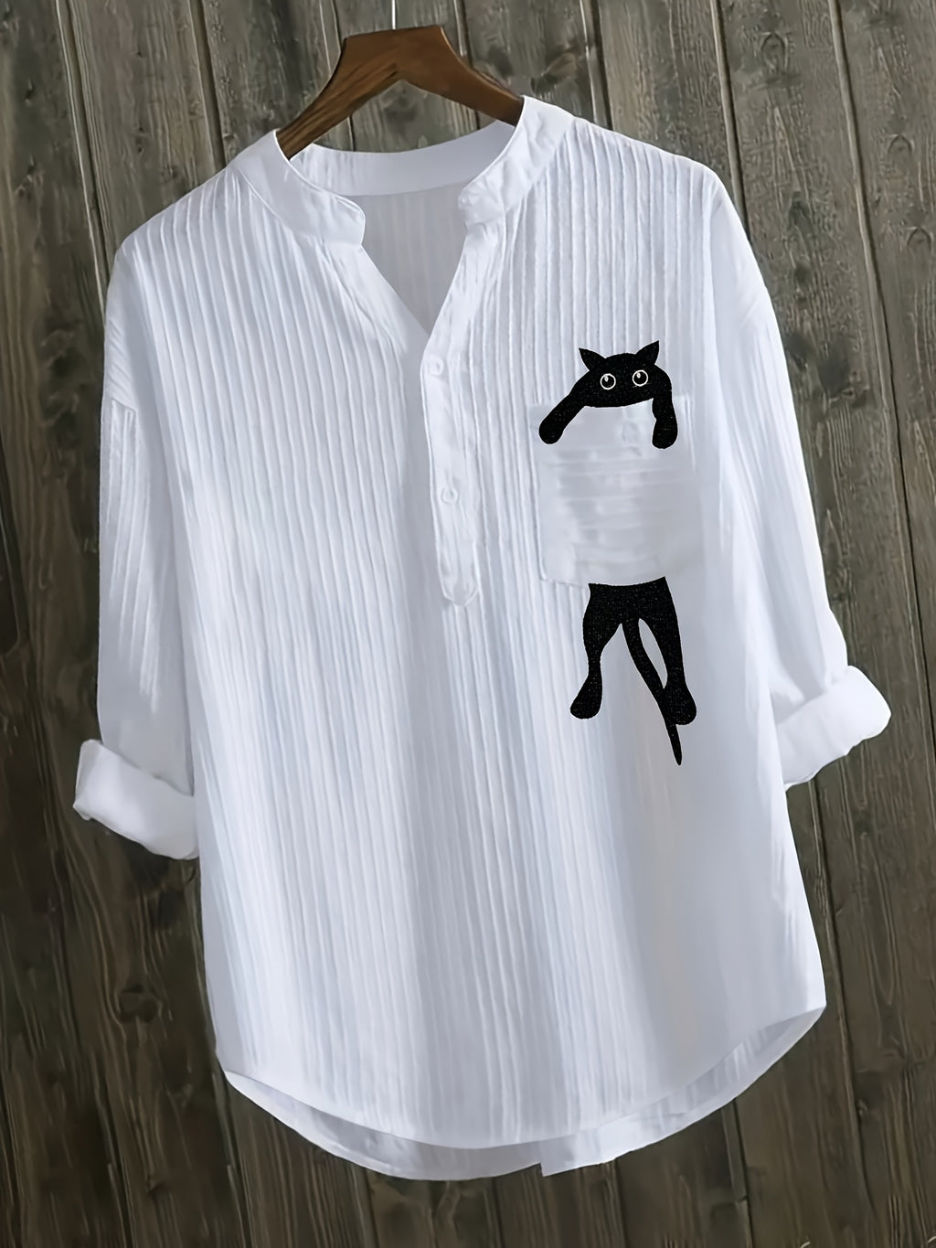 Elziraelen | Damesblouse met geborduurde kat op de zak – puur witte casual blouse met opstaande kraag