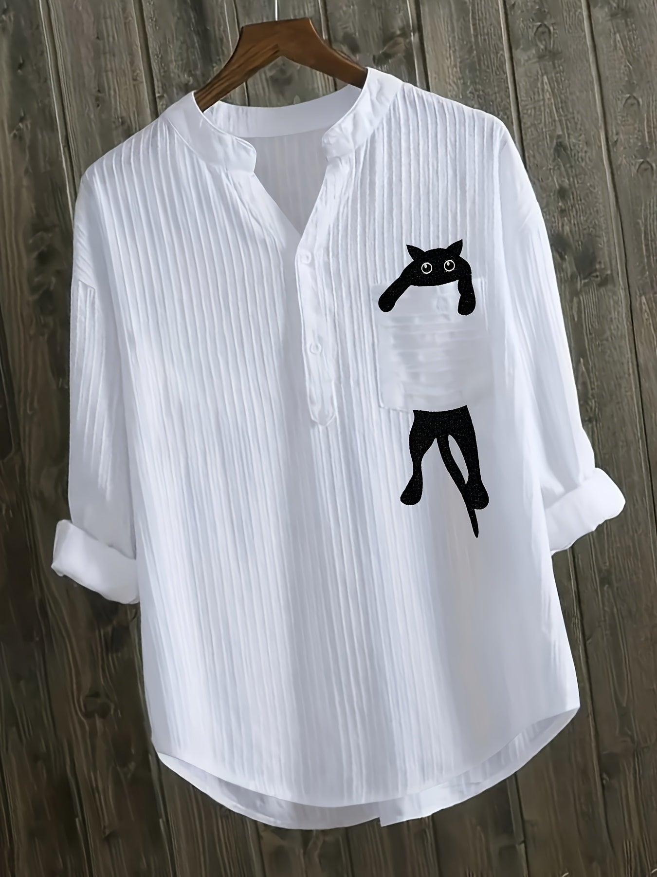 Elziraelen | Damesblouse met geborduurde kat op de zak – puur witte casual blouse met opstaande kraag