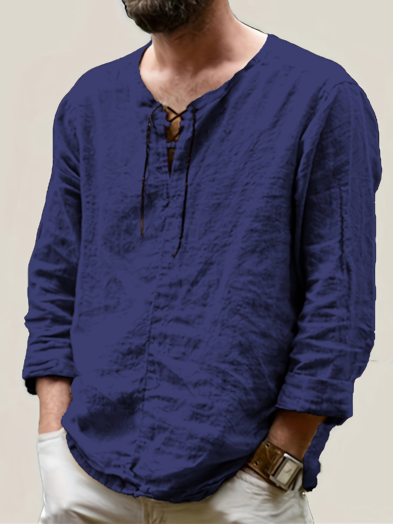Arne | Chemise homme en coton et lin - manches longues, coupe ample décontractée, col à nouer
