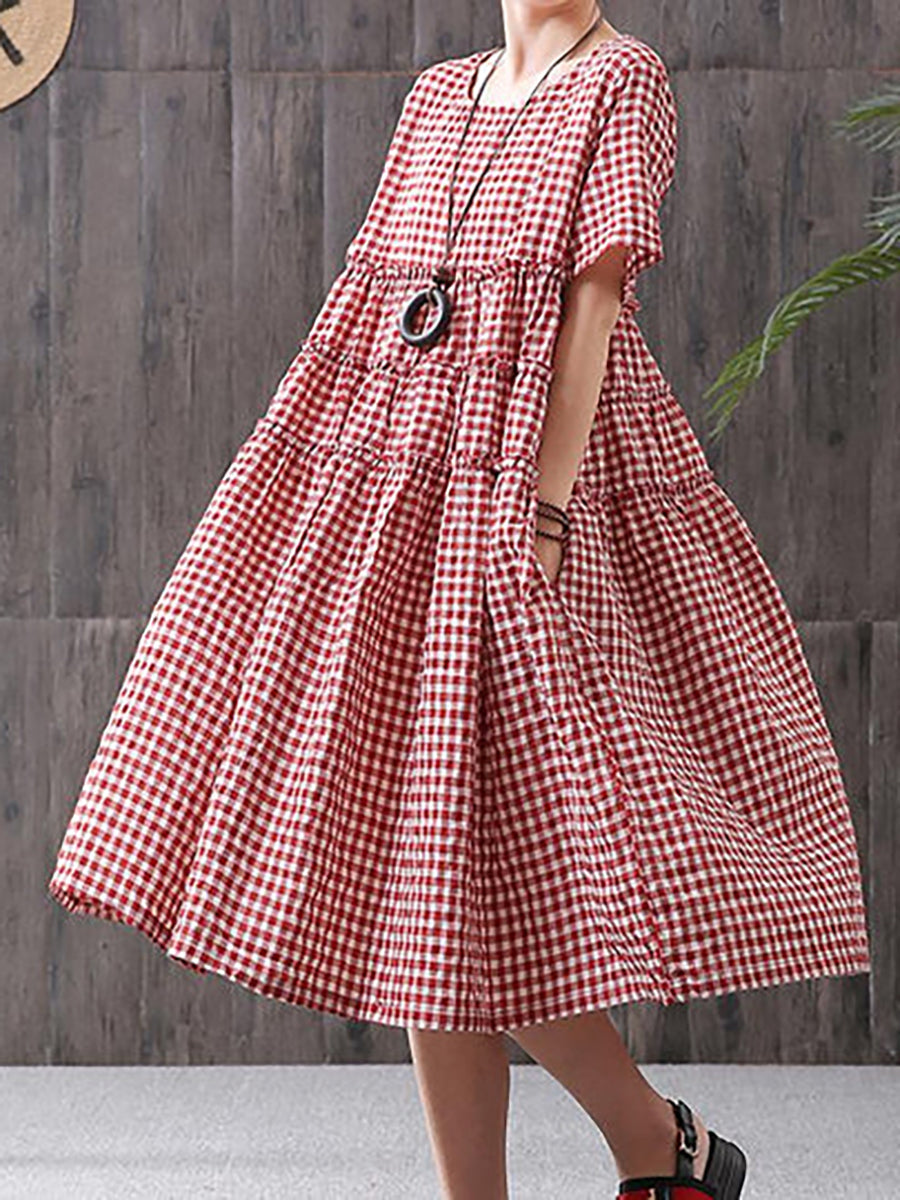 Tiraya | Katoenen geruite jurk met korte mouwen voor dames – Casual zomerse midi-jurk met losse pasvorm