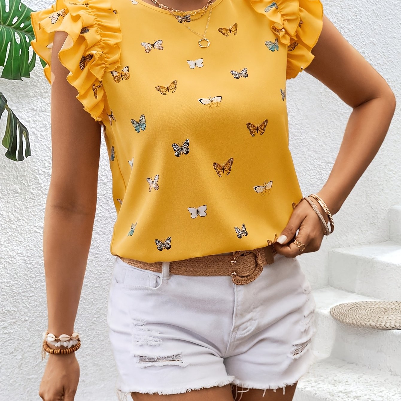 Islyn | Vakantietop voor dames – Elegante blouse met vlinderprint en ruches aan de mouwen
