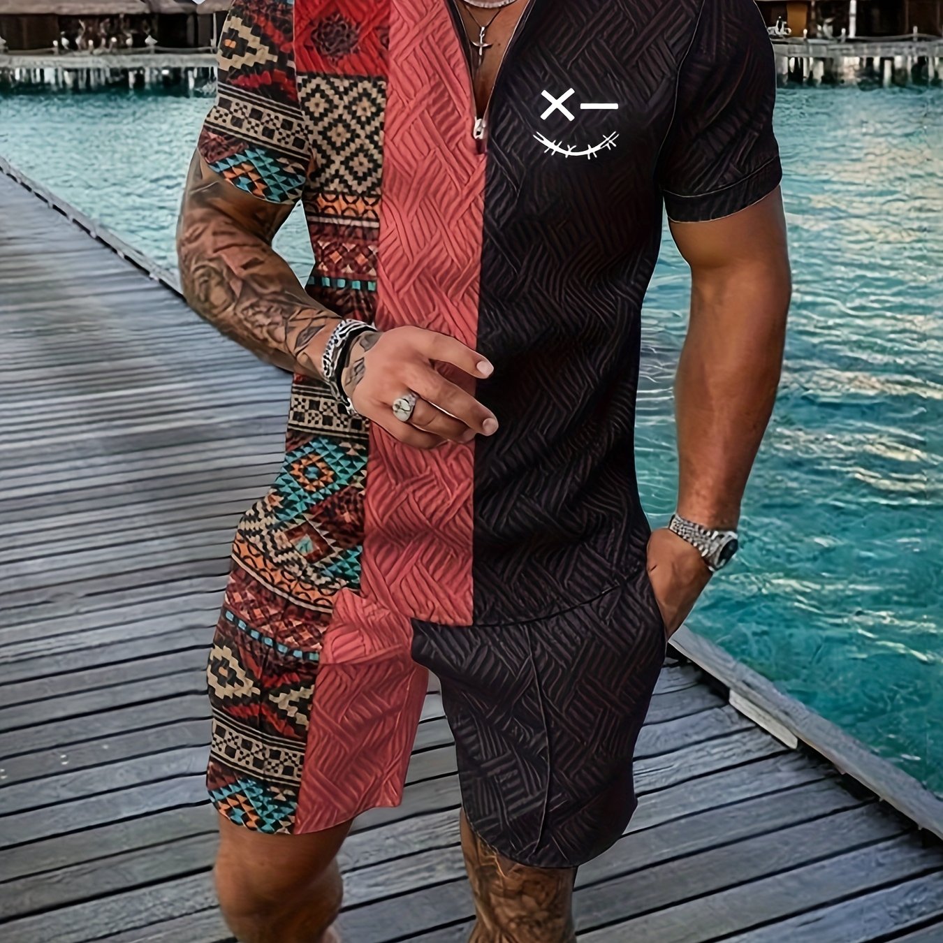 Xylaric | Casual tweedelige set voor heren – T-shirt met reverskraag en korte broek met trekkoord